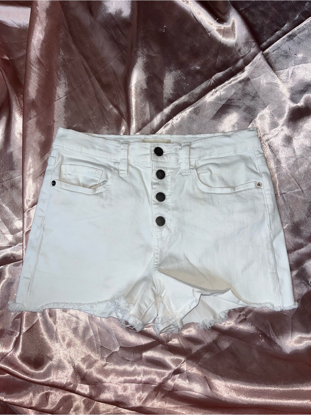 Altar'd State White High-Rise Button-Fly Denim Shorts with Lace Trim